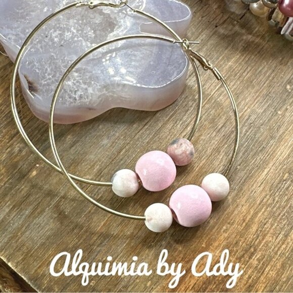 Rhodonite big ball charms statement hoops - Picture 1 of 1